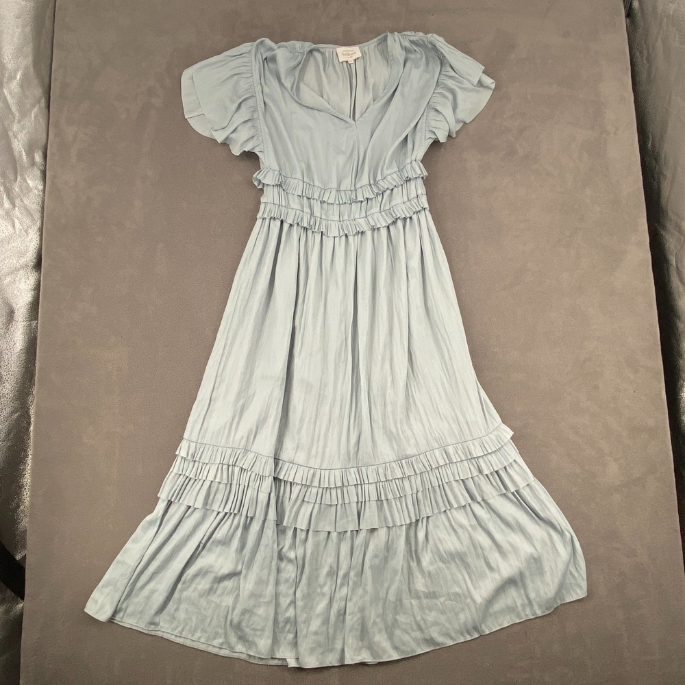 Bohme Willa Ruffle Dress Womens M Dusty Blue Flowy Tiered Boho Flutter Sleeve